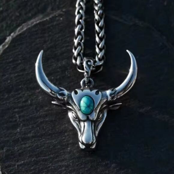 Longhorn Turquois Cattle Bull Horns Necklace Stainless Western Fashion Birthday